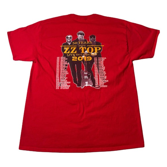 ZZ Top 2019 Concert Tee Mens 50th Anniversary Rock Band Tour T-Shirt Red - Picture 3 of 5